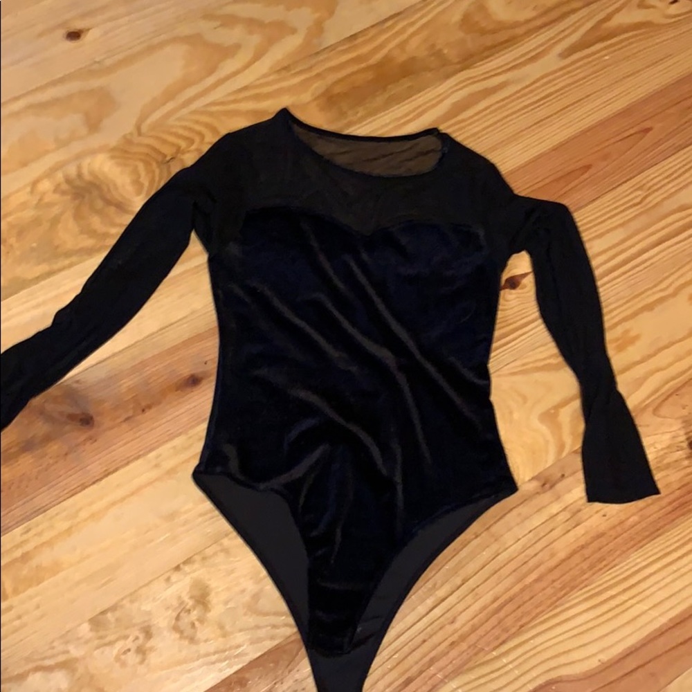 Velvet and mesh long sleeve body suit
